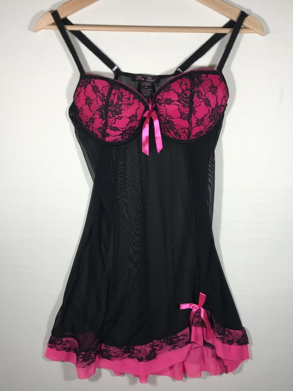 Per Lei Women's XL Pink Black Underwire Sheer Lace Babydoll Lingerie